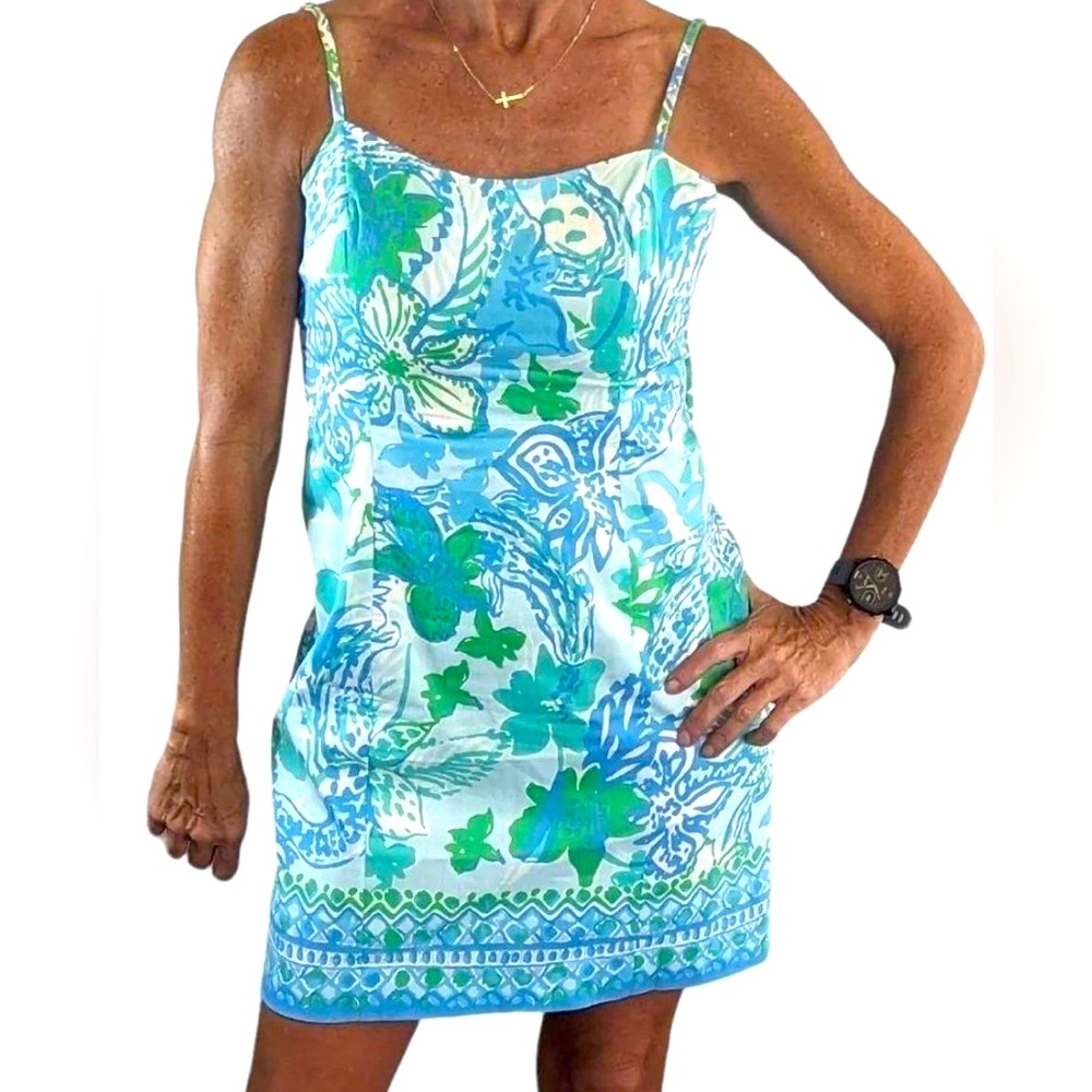 Lilly Pulitzer Shelli Stretch Shift Dress Tie Back Exposed Gold Zipper.